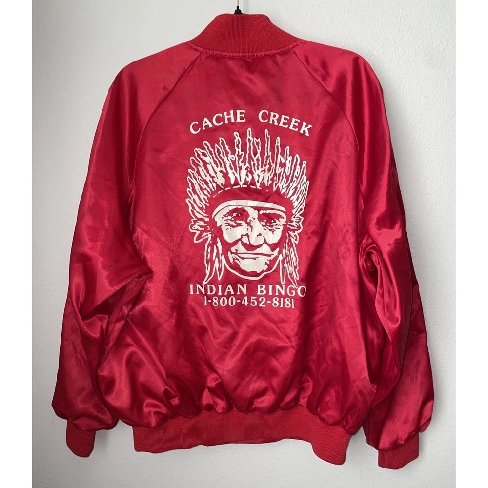 Vintage 80s Red Jacket Big Satin Indian Head Indian Bingo Sz‎ XXL